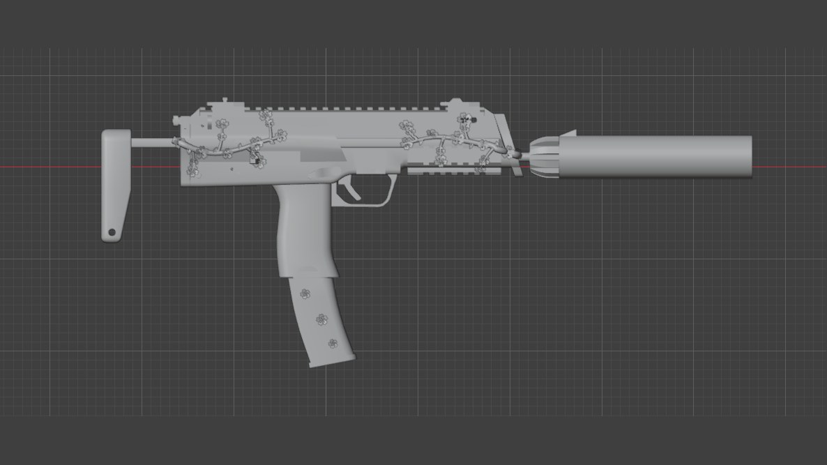 The untextured SMG in Blender with the blossom branches already modelled onto it