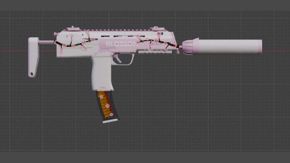The same weapon with its pink Blossom paintwork, petals and lettering applied