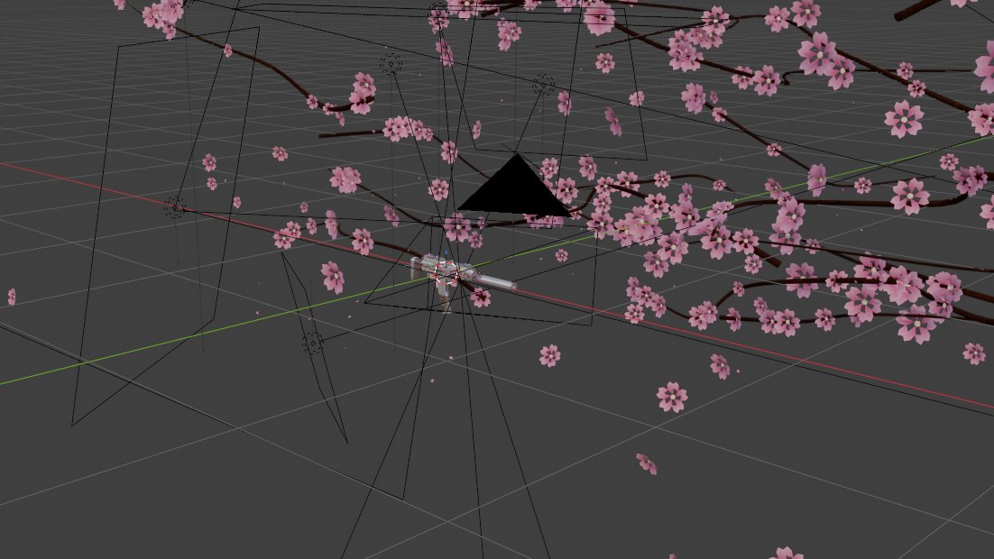 Blender viewport with the cherry blossom set dressing and the lights built around the weapon